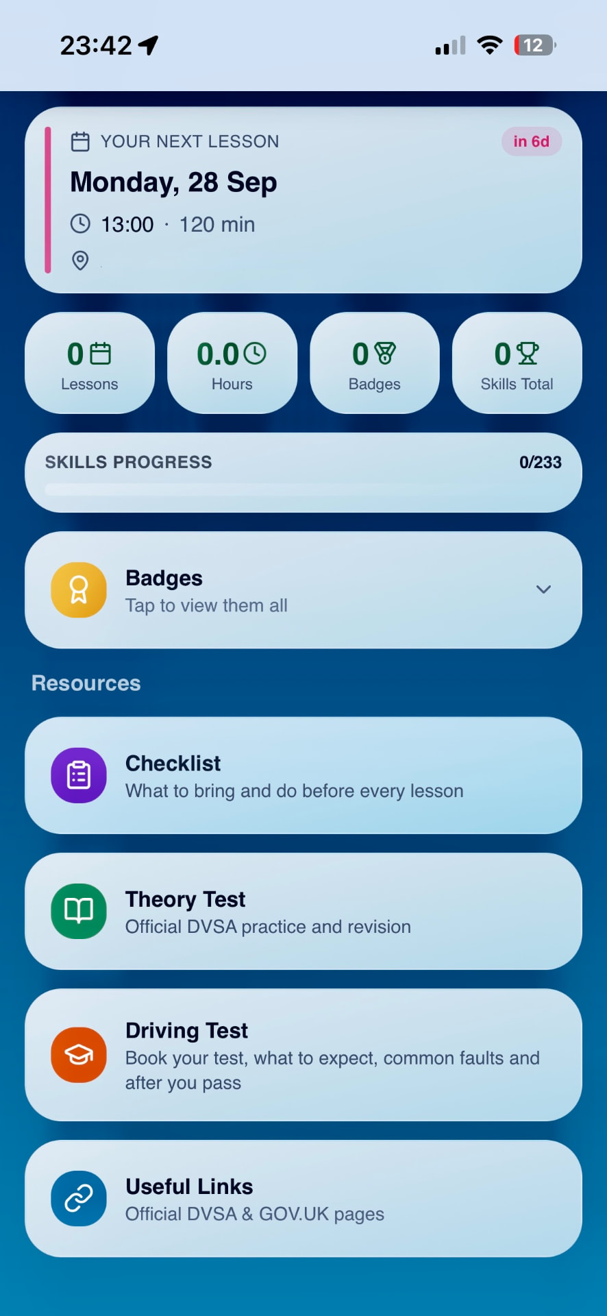 Calmway student portal showing the next lesson, learning progress and resources